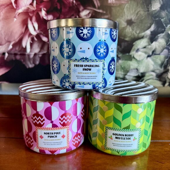 NEW 3-Pc 3-Wick Holiday Candles by Bath & Body Works - Picture 1 of 3